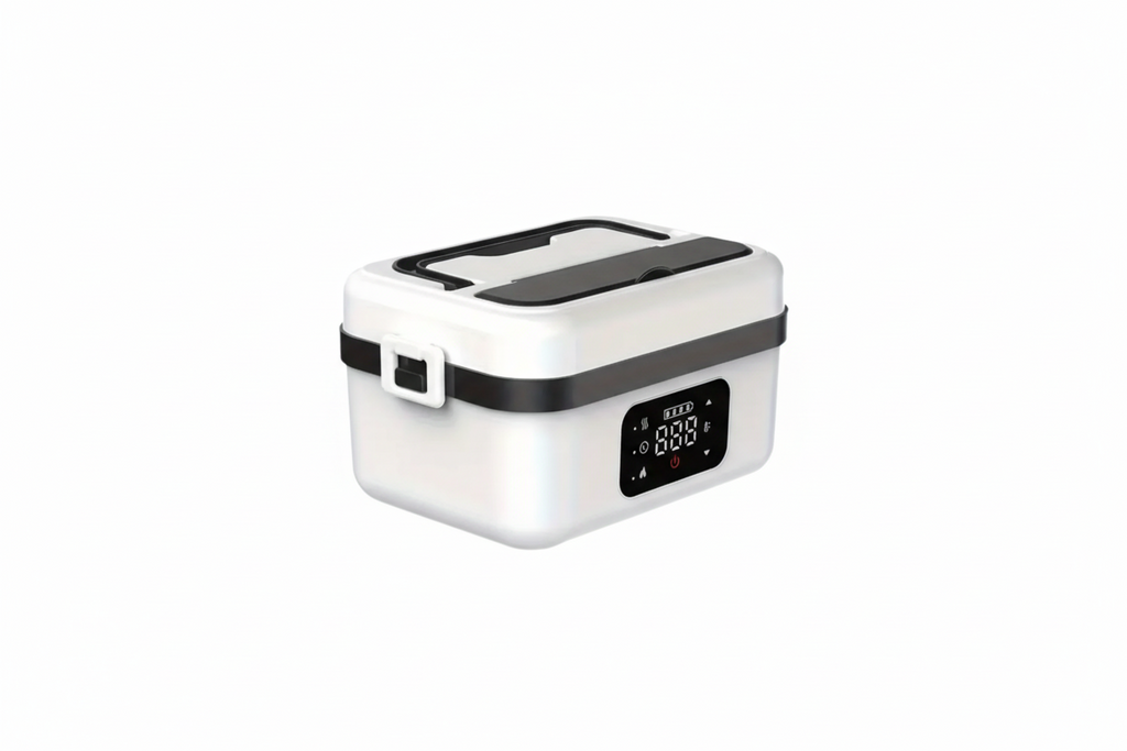 White electric lunch box with digital display on a white background