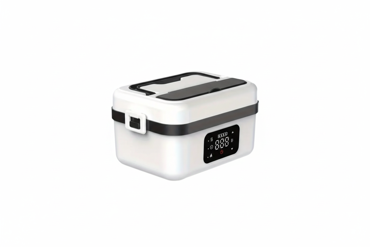 White electric lunch box with digital display on a white background